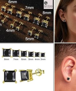 various sizes of SIVYAA black solitaire princess cut diamond stud earrings, gold finish, perfect for a bold luxury statement