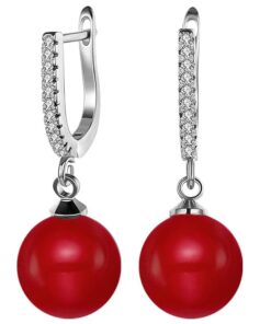 SIVYAA Solitaire Classic Red Pearl Drop Dangle pure silver Hoop Earrings