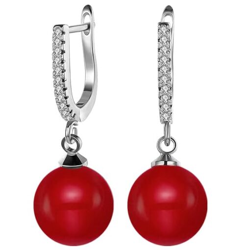 SIVYAA Solitaire Classic Red Pearl Drop Dangle pure silver Hoop Earrings