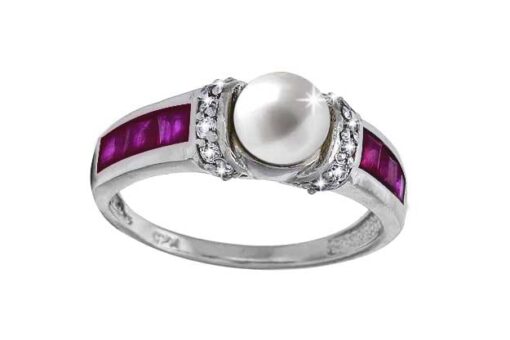 SIVYAA Solitary pearl framed with white CZ & Square Cut Ruby pure silver Finger Band