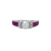 front view- SIVYAA Solitary pearl framed with white CZ & Square Cut Ruby pure silver Finger Band