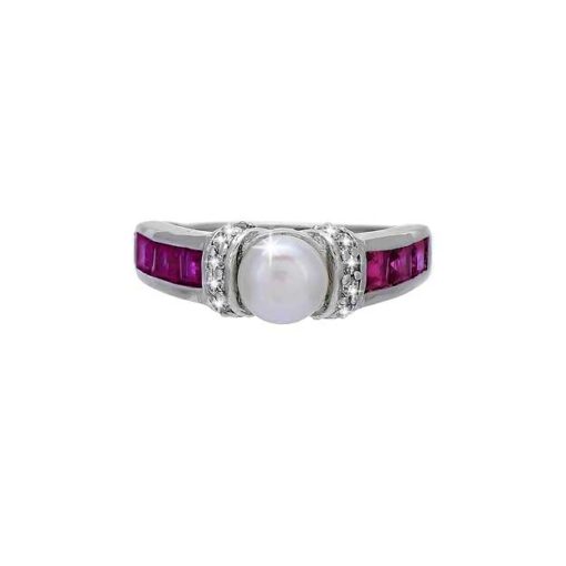 front view- SIVYAA Solitary pearl framed with white CZ & Square Cut Ruby pure silver Finger Band
