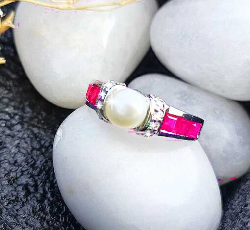 view1-SIVYAA pearl framed with white CZ & Square Cut Ruby pure silver Finger Band