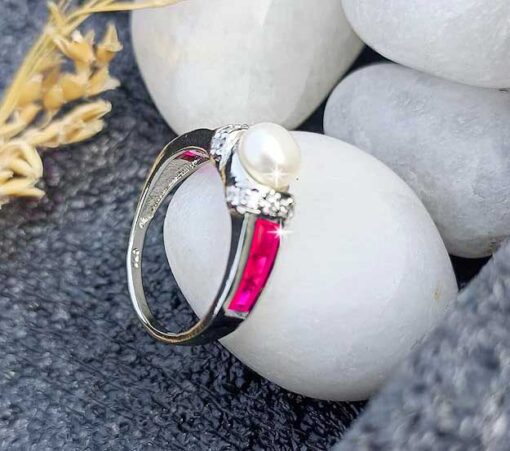 view2-SIVYAA pearl framed with white CZ & Square Cut Ruby pure silver Finger Band
