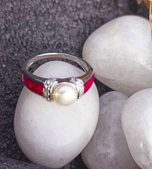 view3-SIVYAA pearl framed with white CZ & Square Cut Ruby pure silver Finger Band