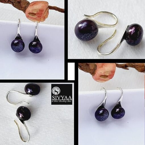 all side view- SIVYAA Fresh Water Aubergine (purple) Pearl Tiny Drop Dangle pure silver Earrings