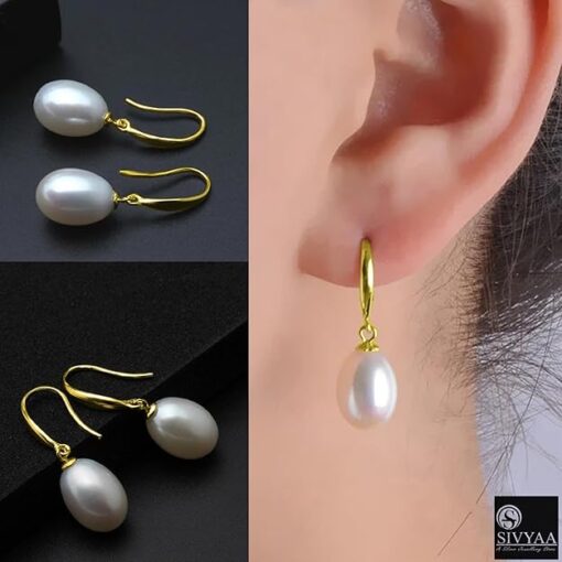 model wearing-gold finish SIVYAA Fresh Water White Tear Drop Pearl Hook Dangle Earrings