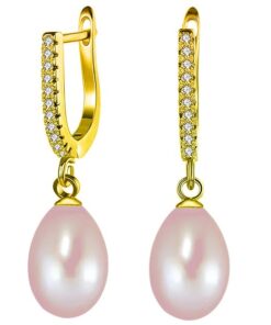 SIVYAA Solitaire Fresh Water Tear Drop Pink Pearl Dangle pure silver Hoop Earrings gold finish
