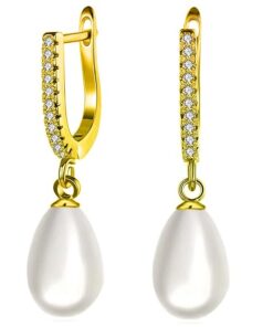gold finish SIVYAA Solitaire Fresh Water Tear Drop White Pearl Dangle pure silver Hoop Earrings