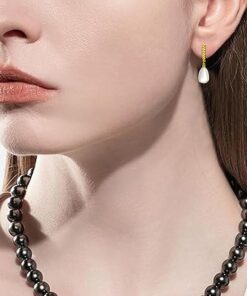 model wearing- SIVYAA Solitaire Fresh Water Tear Drop Pink Pearl Dangle pure silver Hoop Earrings