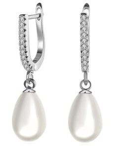 SIVYAA Solitaire Fresh Water Tear Drop White Pearl Dangle pure silver Hoop Earrings