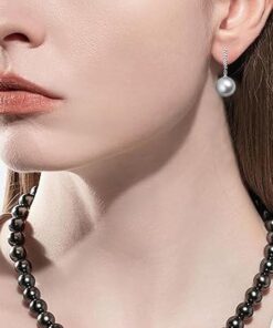 model wearing-SIVYAA Solitaire Classic Silver Pearl Drop Dangle Earrings