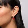 model wearing -SIVYAA Solitaire Classic Red Pearl Drop Dangle pure silver Hoop Earrings