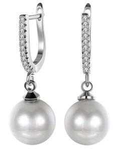 SIVYAA Solitaire Classic White Pearl Drop Dangle pure silver Hoop Earrings