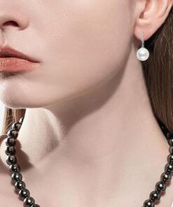 model wearing-SIVYAA Solitaire Classic White Pearl pure silver Drop Dangle Earrings