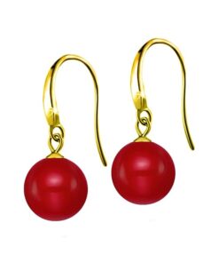 SIVYAA gold finish Classic Red Pearl Drop Hook Dangle Earrings