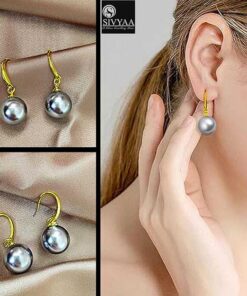 model wearing- SIVYAA gold finish Classic Silver Pearl Drop Hook Dangle Earrings