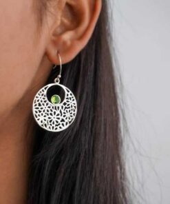 model wearing- SIVYAA Filigree Drop Dangle Round Peridot pure silver Earrings