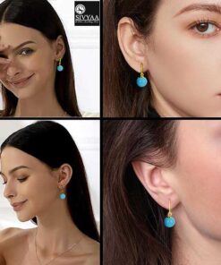 model wearing-SIVYAA gold finish Classic Turquoise Pearl Drop Hook Dangle Earrings