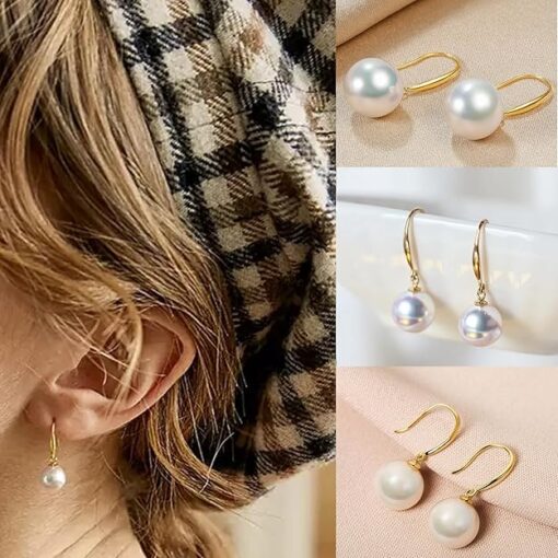 model wearing-SIVYAA gold finish Classic White Pearl Drop Hook Dangle Earrings