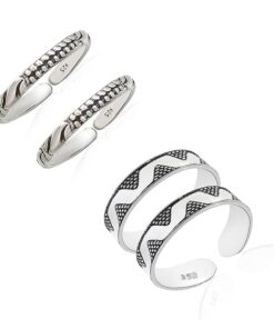 combo of dots-wave & triangle pattern Oxidized Pure Silver Toe Ring Band- SIVYAA