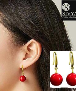 model wearing -SIVYAA gold finish Classic Red Pearl Drop Hook Dangle Earrings