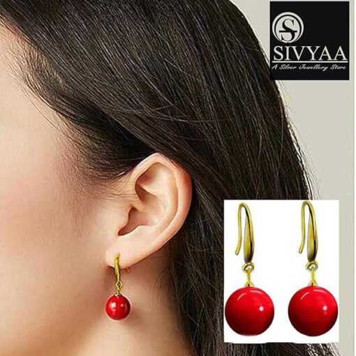 model wearing -SIVYAA gold finish Classic Red Pearl Drop Hook Dangle Earrings