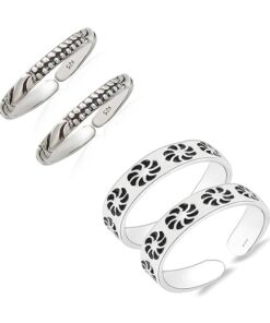 combo of dots-wave & Floral pattern Oxidized Pure Silver Toe Ring Band- SIVYAA