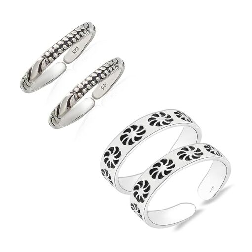 combo of dots-wave & Floral pattern Oxidized Pure Silver Toe Ring Band- SIVYAA