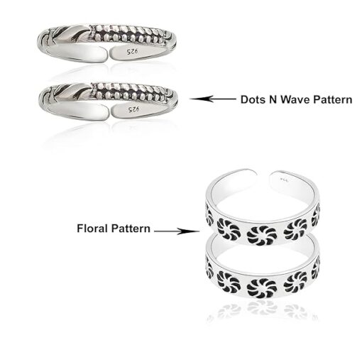 pattern name-combo of dots-wave & Floral pattern Oxidized Pure Silver Toe Ring Band- SIVYAA