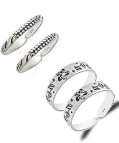 SIVYAA Trendy combo of dots-wave & floral-leaves pattern Oxidized Pure Silver Toe Ring Band
