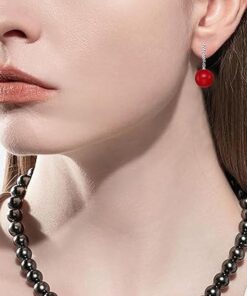 model wearing -SIVYAA Solitaire Classic Red Pearl Drop Dangle Hoop Earrings