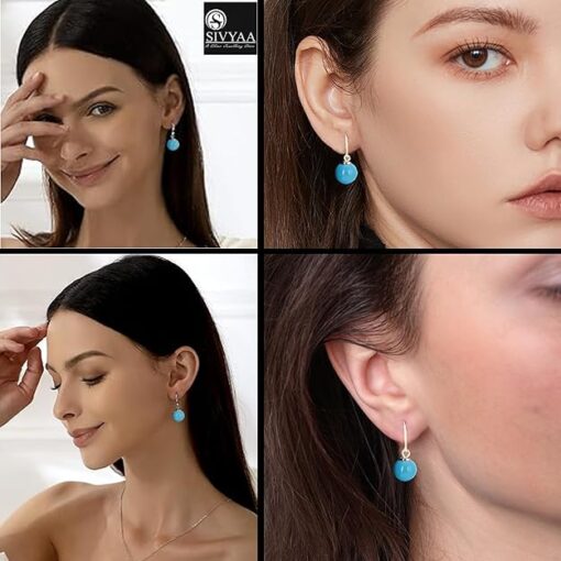 model wearing-SIVYAA Classic Turquoise Pearl Drop Hook Dangle Earrings