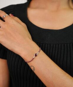 model wearing - SIVYAA Red Maroon faceted Beads and Pear Solitaire Garnet Chain pure silver Bracelet