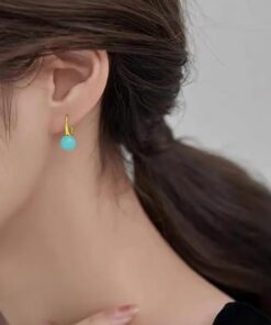 model wearing-all side view-SIVYAA gold finish Classic Turquoise Pearl Tiny Drop Dangle Earrings