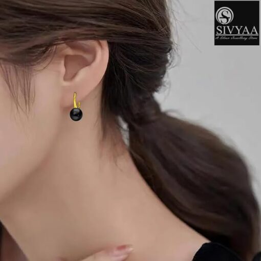 model wearing-SIVYAA gold finish Classic Black Pearl Tiny Drop Dangle Earrings