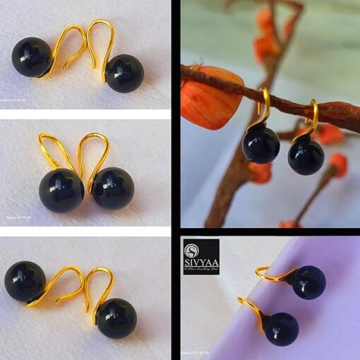 differnt side view-SIVYAA gold finish Classic Black Pearl Tiny Drop Dangle Earrings