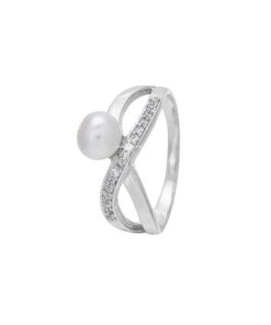 SIVYAA White Fresh Water Pearl & Cubic Zirconia pure silver Criss-Cross Finger Band