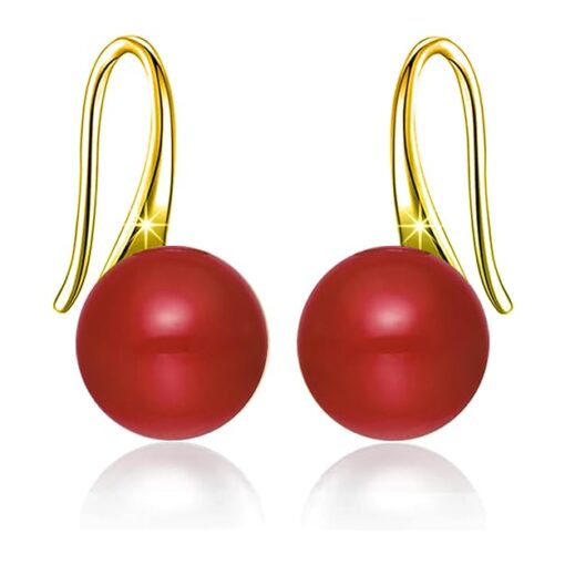 SIVYAA gold finish Classic Red Pearl Tiny Drop Dangle Earrings