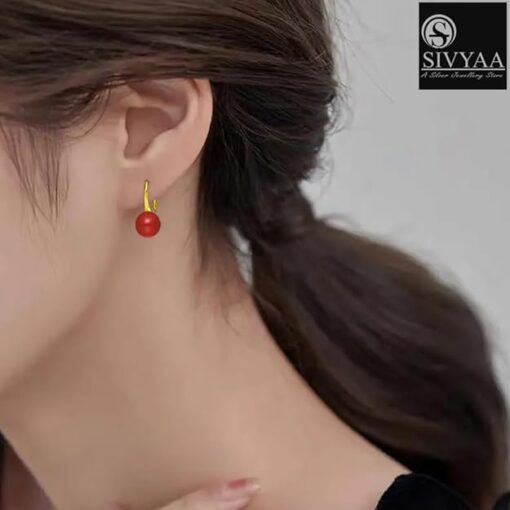 model wearing-SIVYAA gold finish Classic Red Pearl Tiny Drop Dangle Earrings