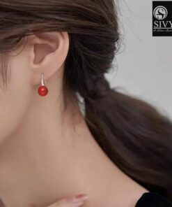 model wearing-all side view-SIVYAA Classic Red Pearl Tiny Drop Dangle Earrings