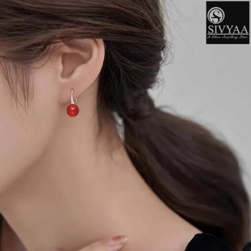 model wearing-all side view-SIVYAA Classic Red Pearl Tiny Drop Dangle Earrings