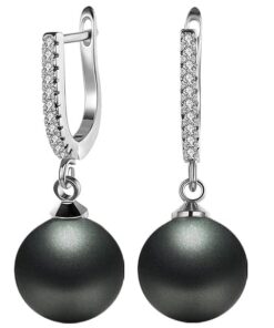 SIVYAA Solitaire Classic Black Pearl Drop Dangle pure silver Hoop Earrings