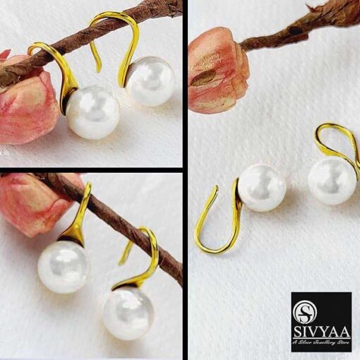 all sides view- SIVYAA gold finish Classic White Pearl Tiny Drop Dangle Earrings