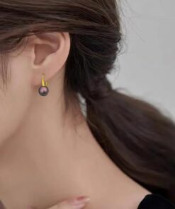 model wearing-SIVYAA Fresh Water Aubergine (purple) Pearl Tiny Drop Dangle pure silver Earrings