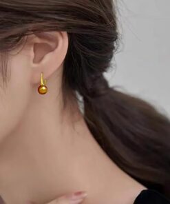 model wearing -gold finish SIVYAA Fresh Water Bronze Pearl Tiny Drop Dangle pure silver Earrings