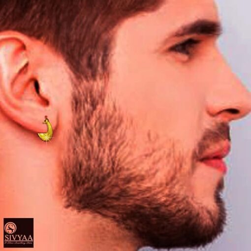 SIVYAA gold polish Kaju Shape grid textured Bali Hoops female model wearing 12mm