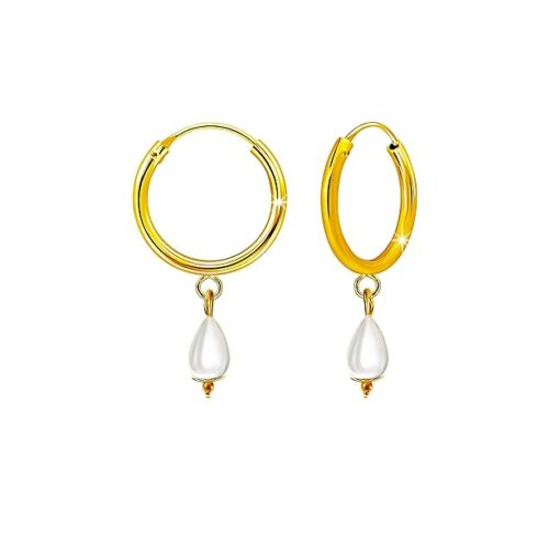SIVYAA tear drop white pearl charm gold finish silver hoop