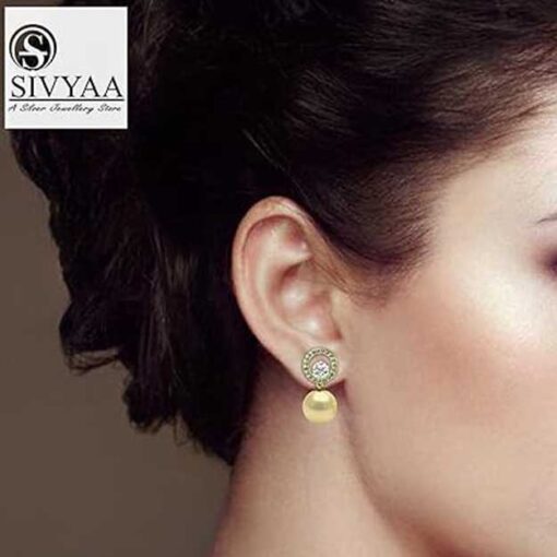 model wearing-Gold Finish SIVYAA Solitaire Life of Circle Classic Gold Pearl pure silver drop Dangle earring