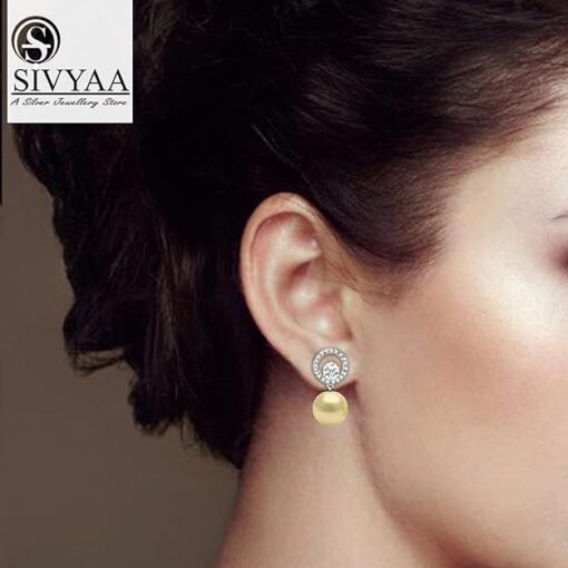 model wearing-SIVYAA Solitaire Life of Circle Classic Gold Pearl drop Pure Silver Dangle